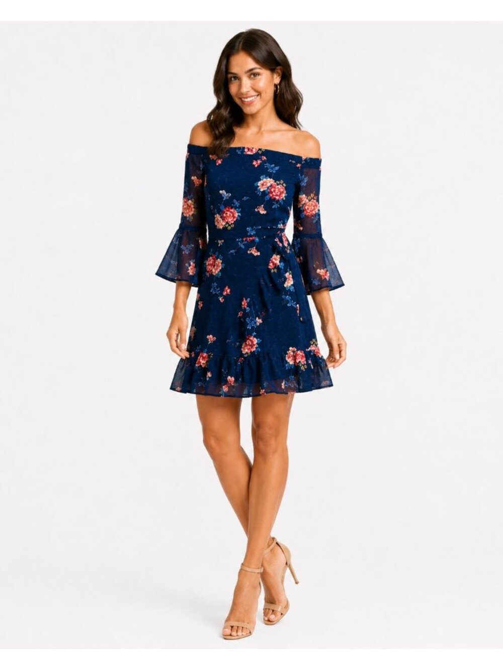 Xhilaration Floral Off-The-Shoulder Ruffle Navy Blue & Pink Dress Size Medium